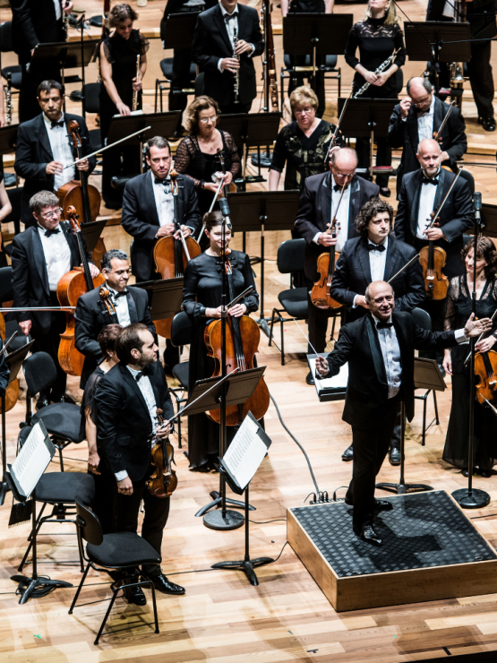 a symphony orchestra, in black tie concert dress, stand for a bow on a stage with a blond wood floor