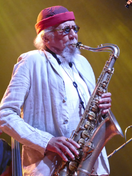 a multiracial white-haired man with a goatee plays a saxophone under golden light onstage with his band