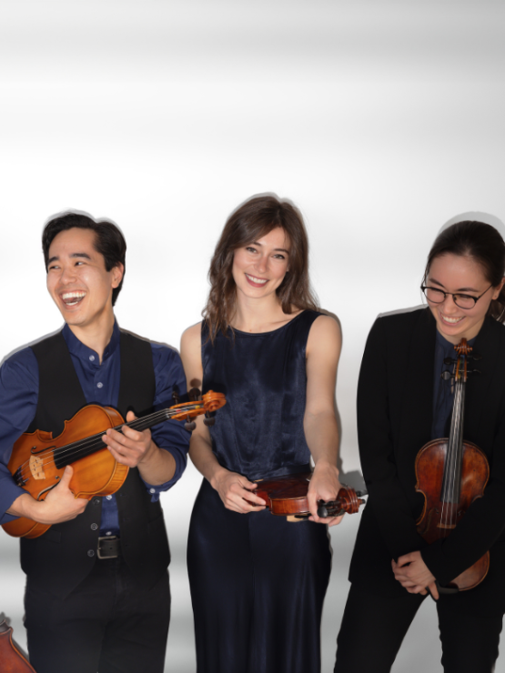 a string quartet stands with their instruments