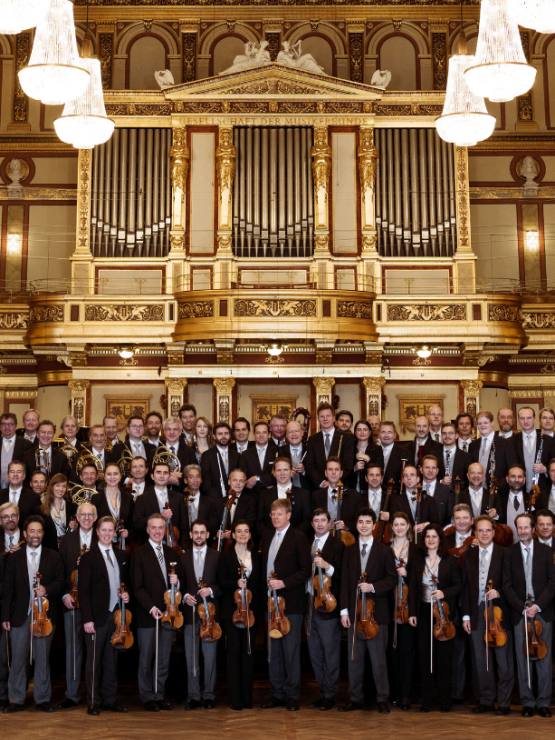 a symphony orchestra in concert dress inside a golden neoclassical concert hall