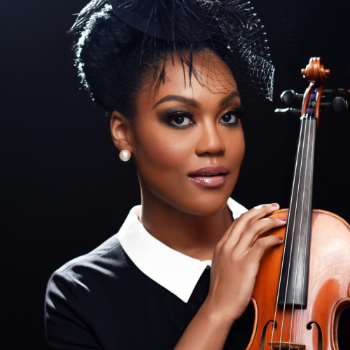 a luminous black woman, wearing a black dress with a white collar and a small black hat with a net veil, holds her violin to her shoulder