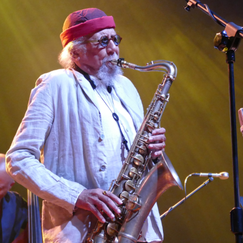 a multiracial white-haired man with a goatee plays a saxophone under golden light onstage with his band