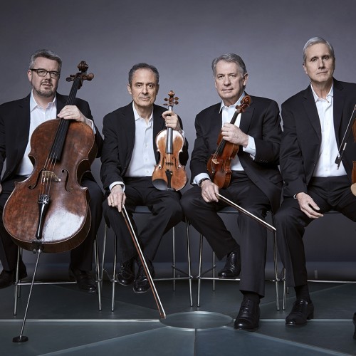 four gray-haired white men in matching gray suits hold their stringed instruments before a gray photo backdrop