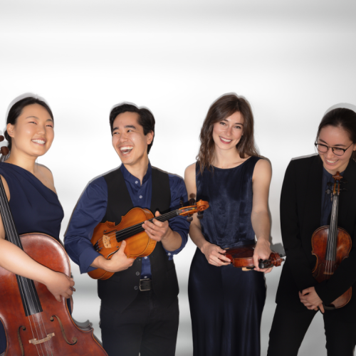 a string quartet stands with their instruments