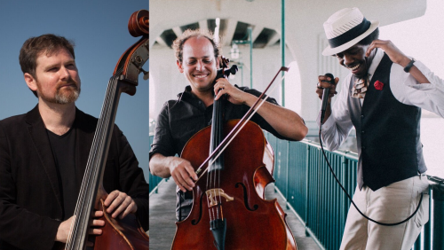 a collage image of a bassist, a celliist, and a beatboxing vocalist
