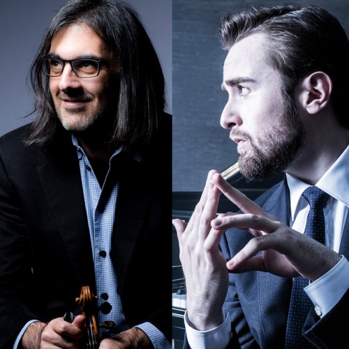 a split image showing a greek man with shoulder-length hair and glasses, and a russian man in profile with his hands tented in front of his body