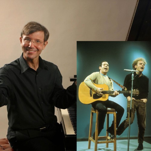 an inset photo of simon and garfunkel within a photo of rob kapilow at the piano