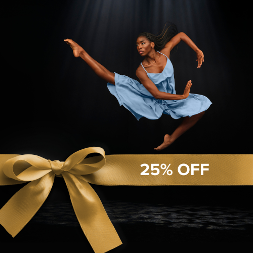 a black woman in a blue dress kicks a leg in front of her and arcs her arms as she leaps and twists. Ribbon overlay reads 25% off