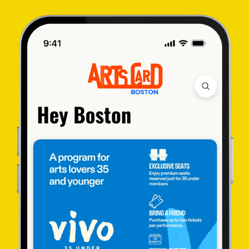 a smartphone open to the home screen of the artscard boston app