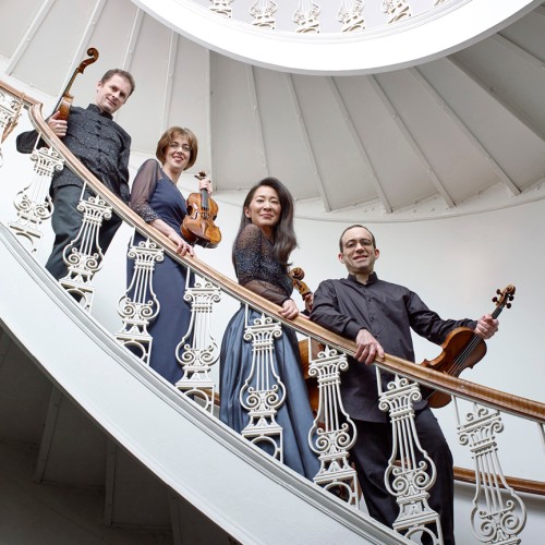 Brentano String Quartet, group photo on curved staircase