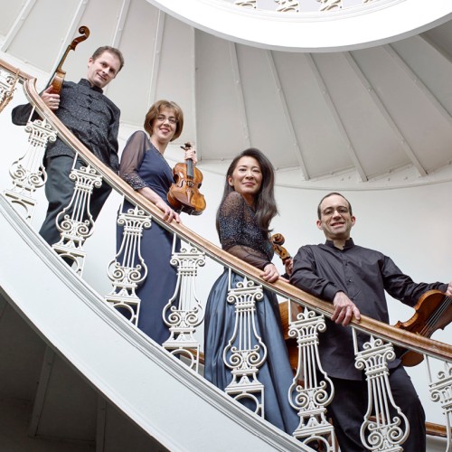 Brentano String Quartet, group photo on curved staircase