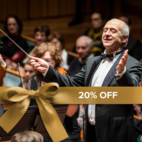 a white man in his 70s leads an orchestra with hand and baton spread. ribbon overlay reads 20% off