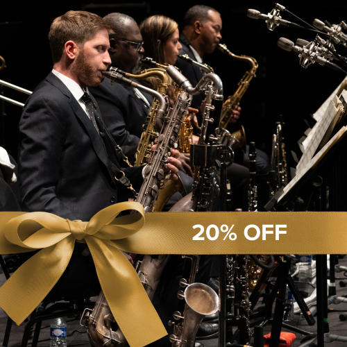 a row of saxophonists in sharp dark navy. Ribbon reads 20% off