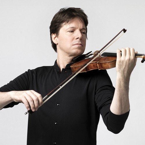 A white man with brown hair plays violin in a black shirt in front of a white background.