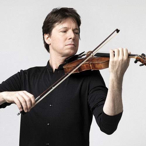  A white man with brown hair plays violin in a black shirt in front of a white background. 