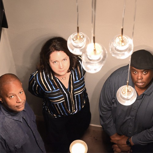 the kris davis trio looks up at us, from below some hanging pendant lights