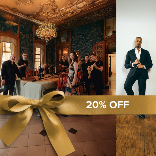 musicians stand in a large room in a historic home, a black man in his 30s stands against the wall in a cool posture. ribbon overlay reads 20% off