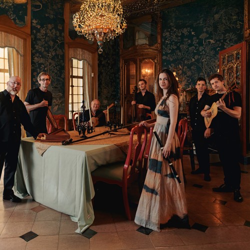 Split image: a group of baroque musicians stand in an ornate dining room, and a black man posing in a stylish suit 