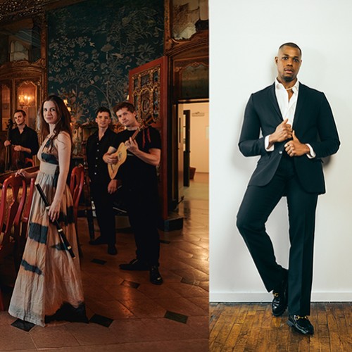 Split image: a group of baroque musicians stand in an ornate dining room, and a black man posing in a stylish suit 