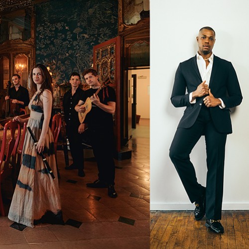 Split image: a group of baroque musicians stand in an ornate dining room, and a black man posing in a stylish suit 