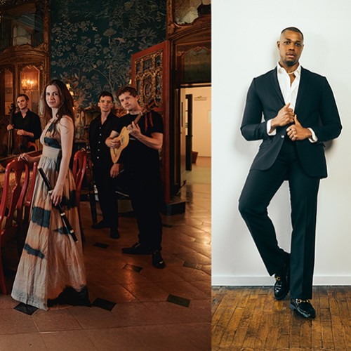 Split image: a group of baroque musicians stand in an ornate dining room, and a black man posing in a stylish suit 