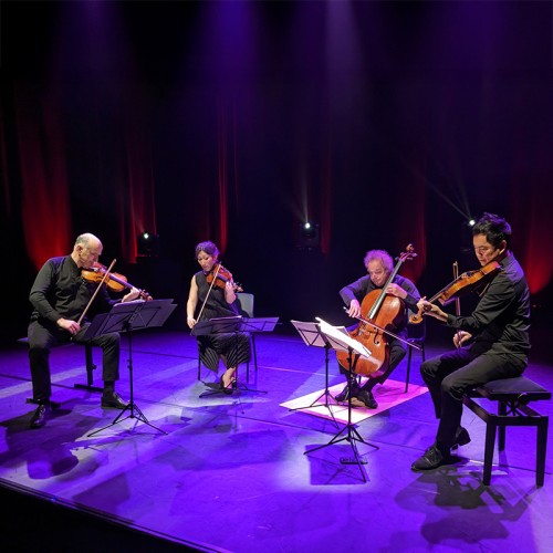 The takacs quartet perform on a purple-lit stage