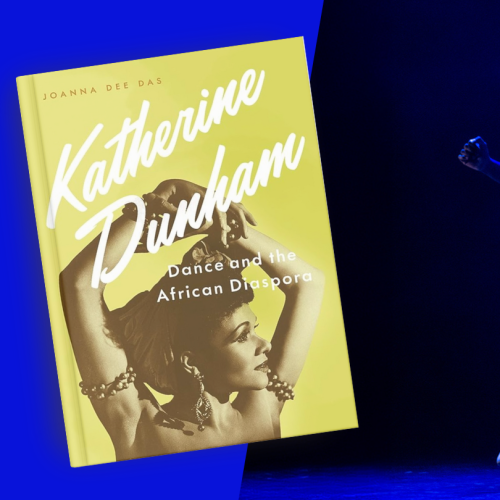 three dancers, legs wide and stepping out to their right, with an inset image of Katherine Dunham: Dance and the African Diaspora