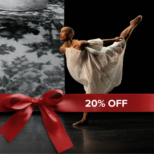 a dancer leans forward on one leg, the other extended up and behind. Behind her, modern art photography. Ribbon overlay reads 20% off