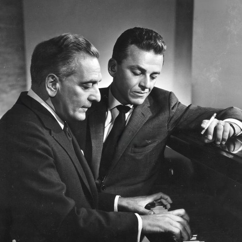 Split image: A white, brown haired man poses in front of a grand piano, a black and white photo of two men sitting at a piano.