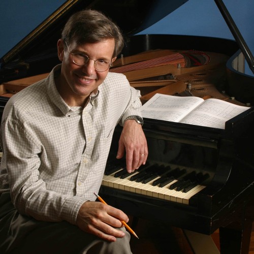 Split image: A white, brown haired man poses in front of a grand piano, a black and white photo of two men sitting at a piano 