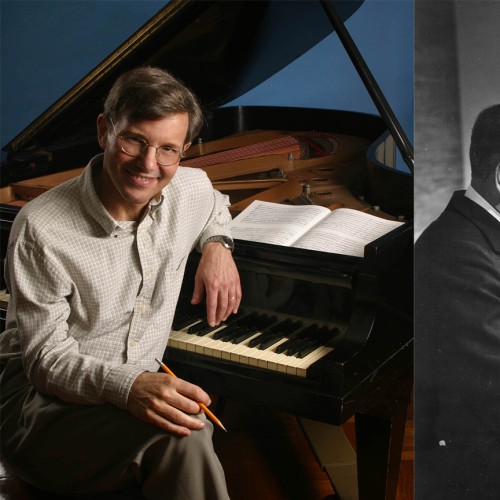 Split image: A white, brown haired man poses in front of a grand piano, a black and white photo of two men sitting at a piano 