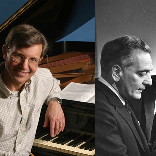 Split image: A white, brown haired man poses in front of a grand piano, a black and white photo of two men sitting at a piano 