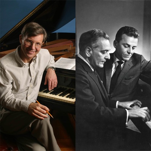 Split image: A white, brown haired man poses in front of a grand piano, a black and white photo of two men sitting at a piano 