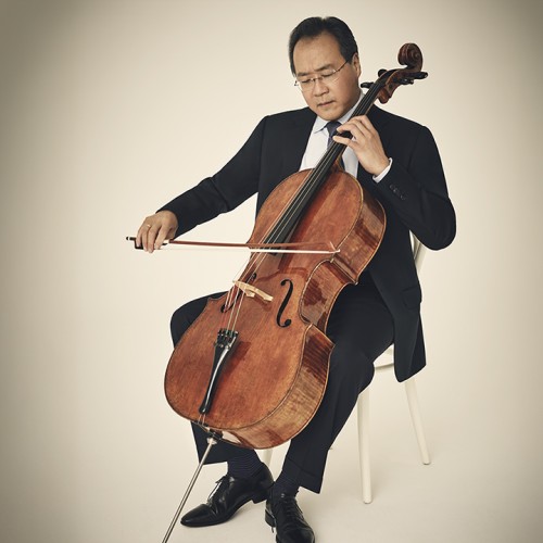in muted colors, and with a heavy vignette effect, yo-yo ma performs