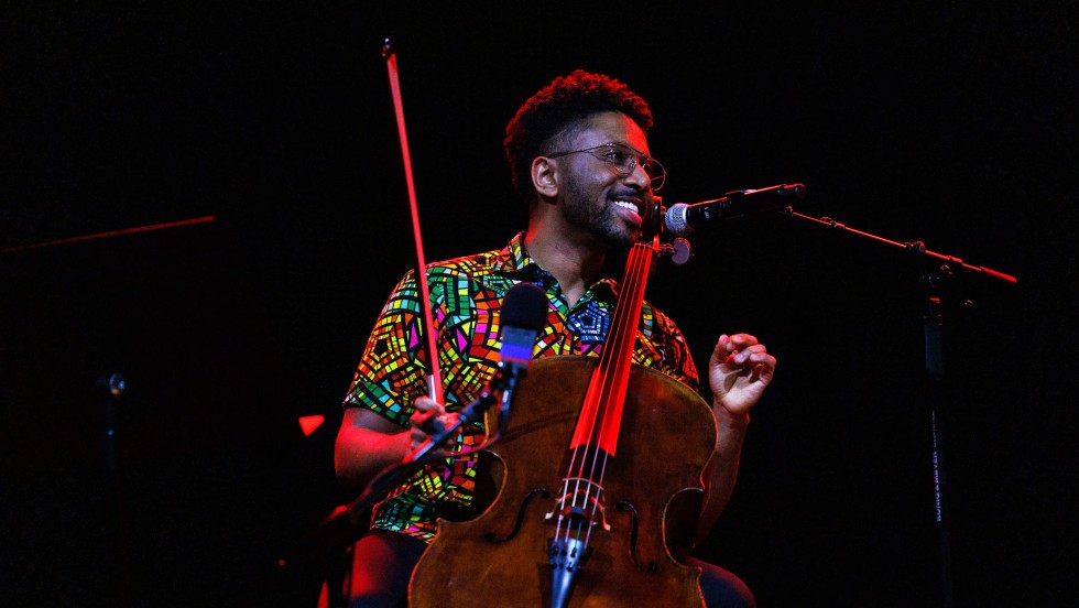 Cellist Seth Parker Woods performs at Celebrity Series' Stave Sessions at the Somerville Theatre's Crystal Ballroom (February 2025)