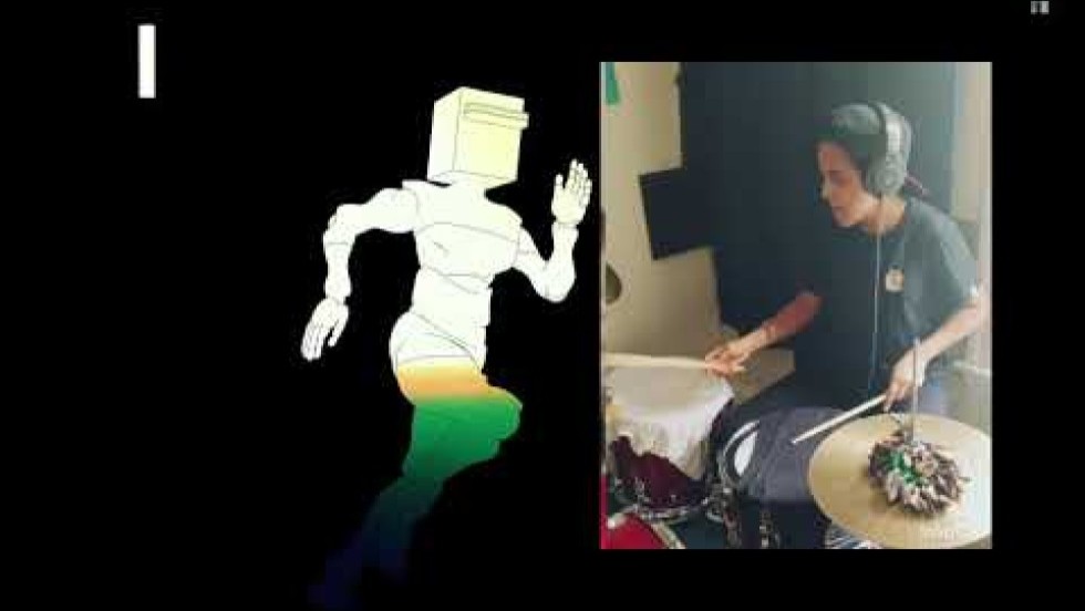 a video with animation of a character running paired with footage of ivanna cuesta drumming