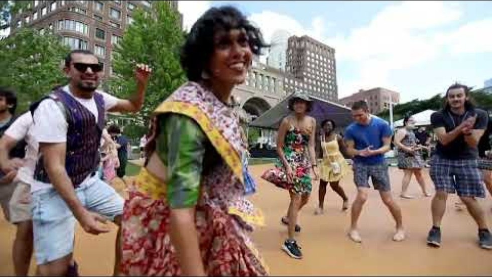 an outdoor Garba dance party in downtown Boston