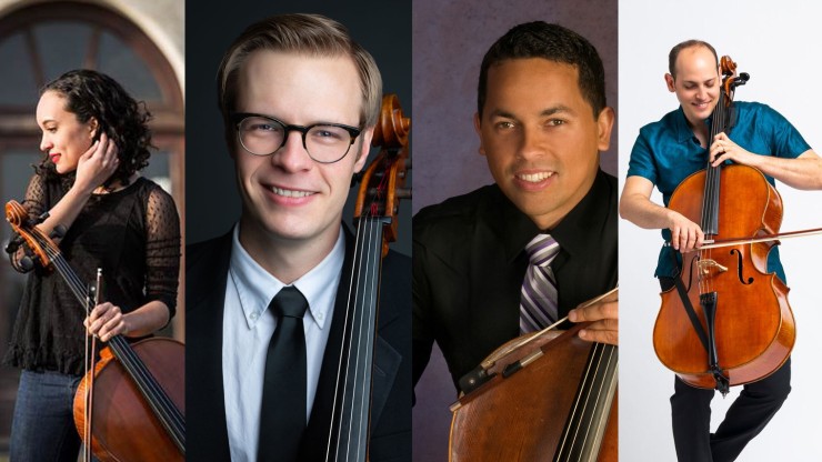 collage photo of four cellists