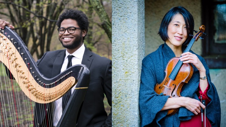  a black man in a black suit outdoors with his harp, and a smiling woman of asian descent in an loft-like room with her violin