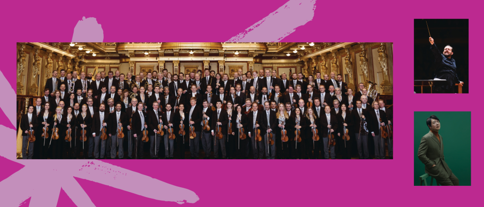 the vienna philharmonic, A very large orchestra dressed in formal concert attire stands together holding their instruments in a large ornate room. inset photos of lang lang and andris nelsons