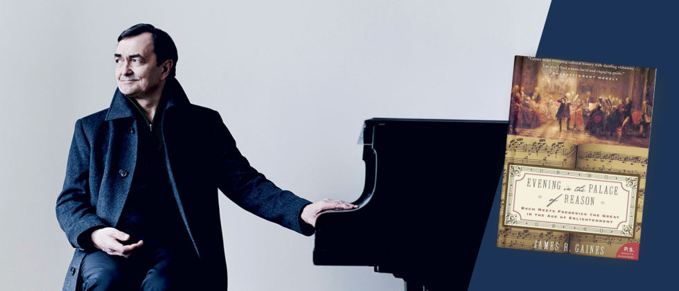 pierre-laurent aimard places one hand on a grand piano with the cover of evening in the palace of reason superimposed