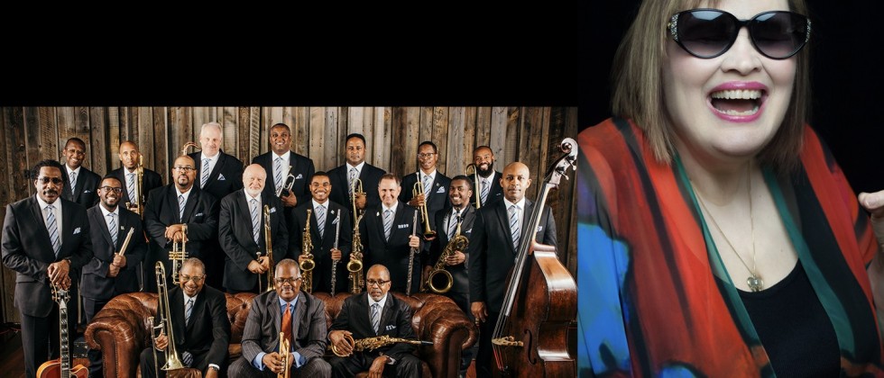 Split image of Count Basie Orchestra, eighteen black and white men in suits standing in front of a wooden wall and sitting on a couch, and Diane Schuur, 