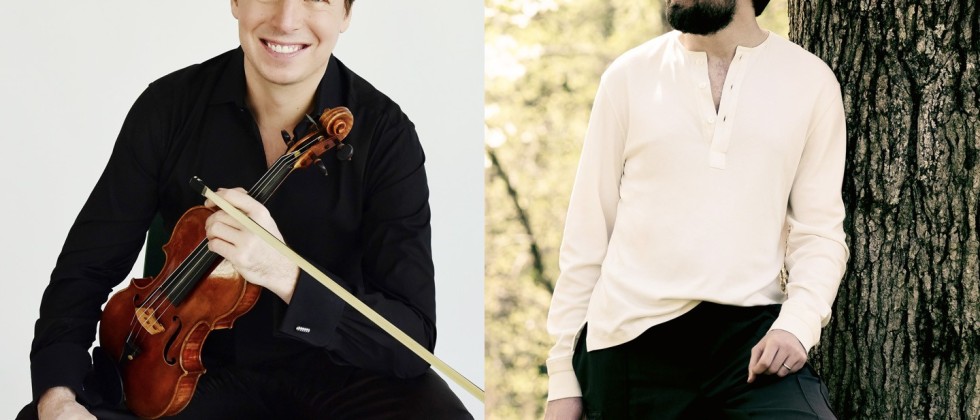 Split image of Joshua Bell, a white man with brown hair wearing a black shirt and holding a violin in front of a white background, and Daniil Trifinov, a white man in a white shirt standing in front of a tree. 