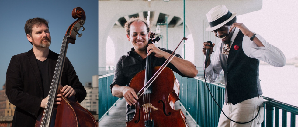 a man holds a double bass outdoors under a cloudless sky, a cellist and a beatboxer smile as they perform together 