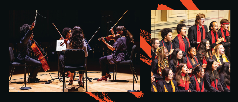 A split image: on the left an all-woman string quartet sits in a circle on a shadowy stage, bows in the air; on the right a multicultural chorus of children with red and yellow stoles. 