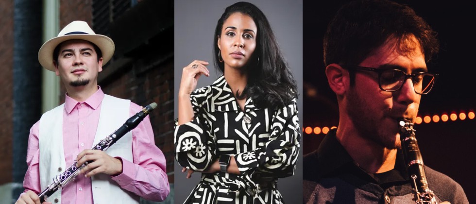 A split image: a Colombian man in a white suit and a fedora, a Cuban woman in a black and white patterned dress, and an Israeli man in glasses playing the clarinet. 