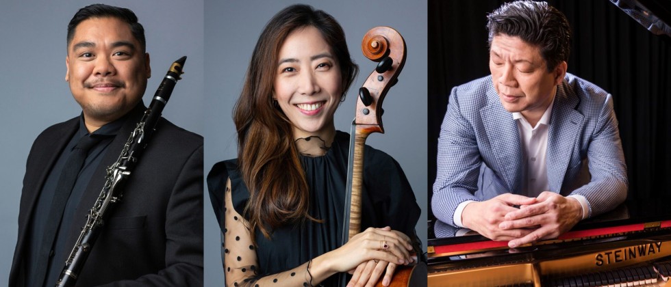 A split image: a man in a dark suit with a clarinet, a woman in a dark top with dots leaning on a cello, a man in a gray suit leaning on a piano. 