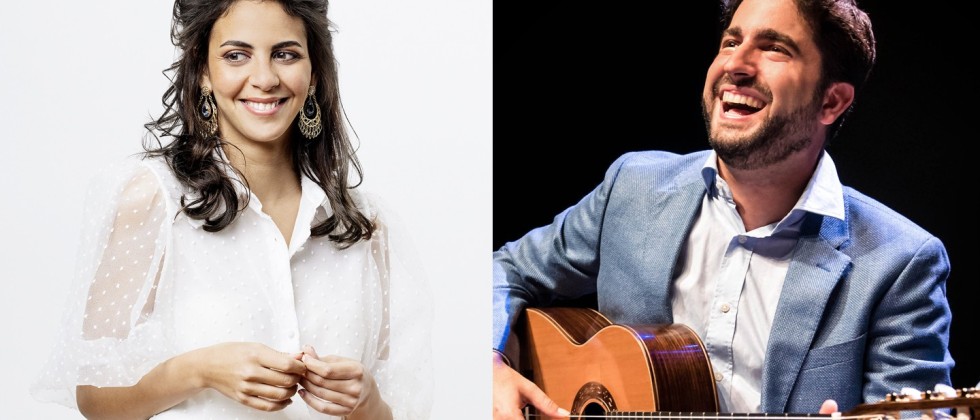 Split image of Fatma Said, a middle eastern woman with dark hair in a white top against a white background, and Rafael Aguirre, a Hispanic man in a blue suit with a white shirt holding a guitar in front of a black background. 