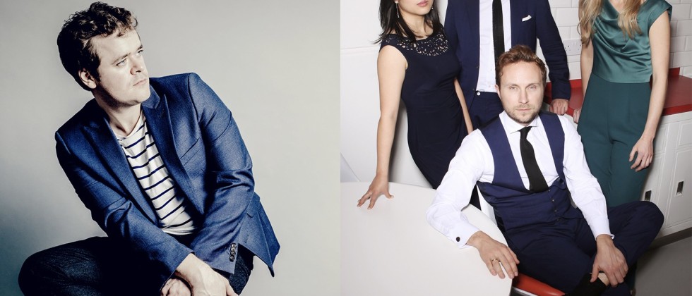 Split image of Benjamin Grovesner, a white man in a blue suit and a striped shirt standing in front of a gray background, and Doric String Quartet, two women and two men posing as a group in front of a white background. 