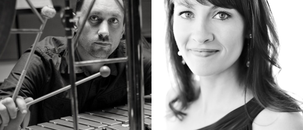 A collage of a man holding percussion mallets behind a xylophone, and a woman who turns toward us